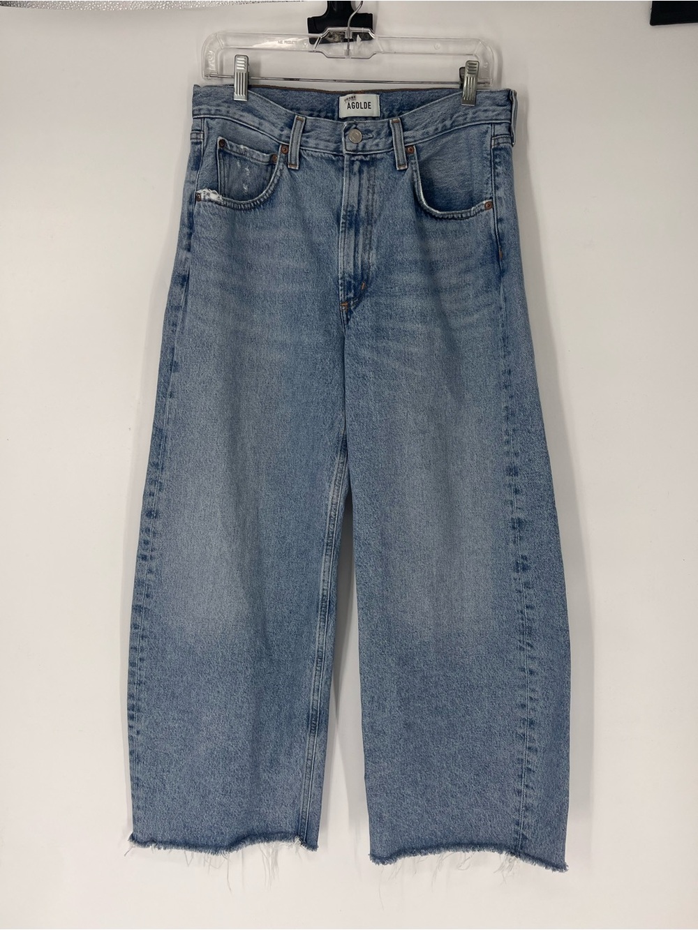 Agolde Low Curve Fray High Rise Raw Hem Light Wash Barrel Wide Leg Jeans 28